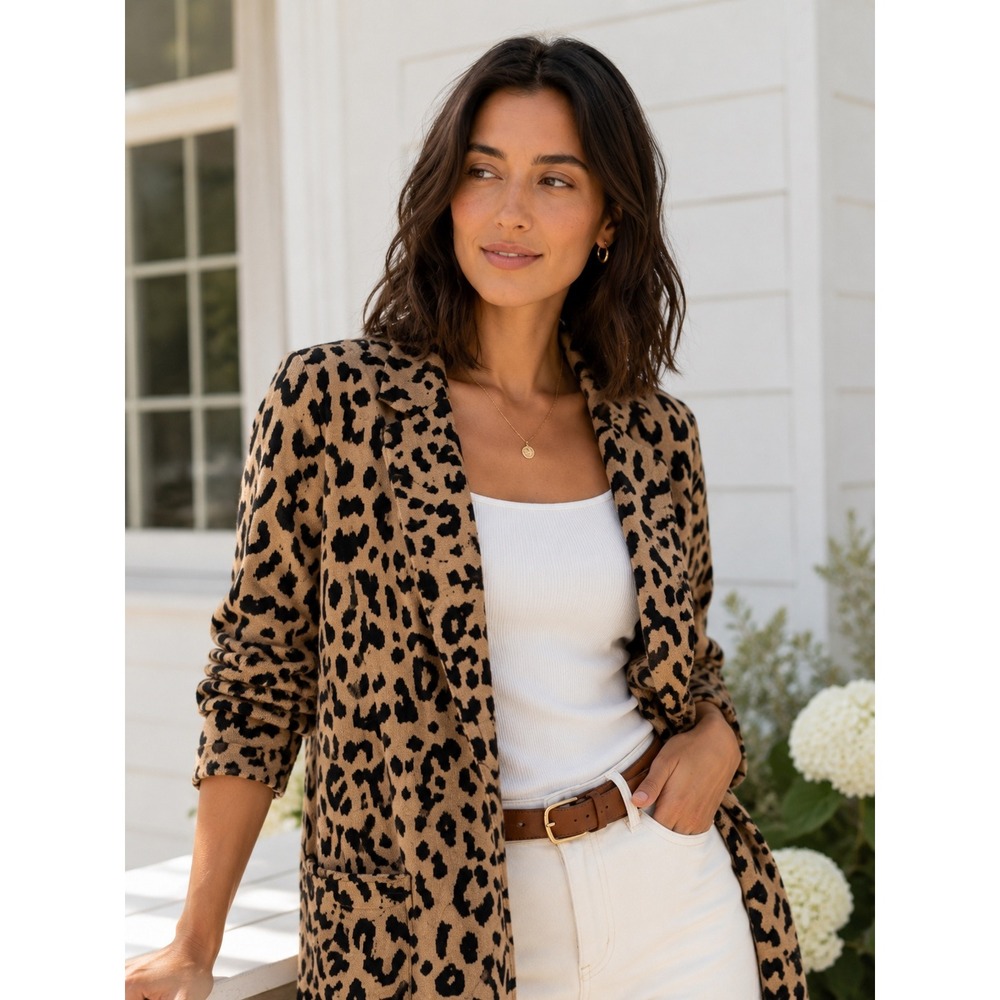 J.Crew Sophie Blazer Leopard Merino‎ Wool Blend Open Front Cardigan Sweater S